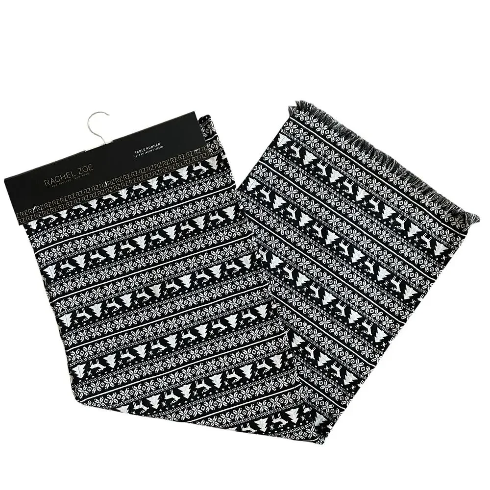 Rachel Zoe Christmas Tree Reindeer Table Runner 16x90 Holiday Black & White New